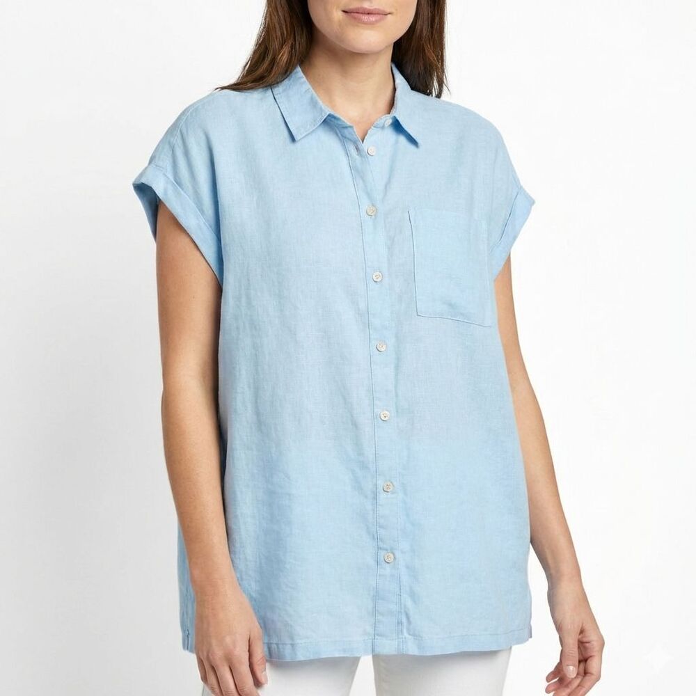 Orvis Linen Blend Shirt Womens XL Blue Short Sleeve Button Up